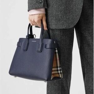 Authentic Burberry Banner Navy Blue Leather Tote Bag